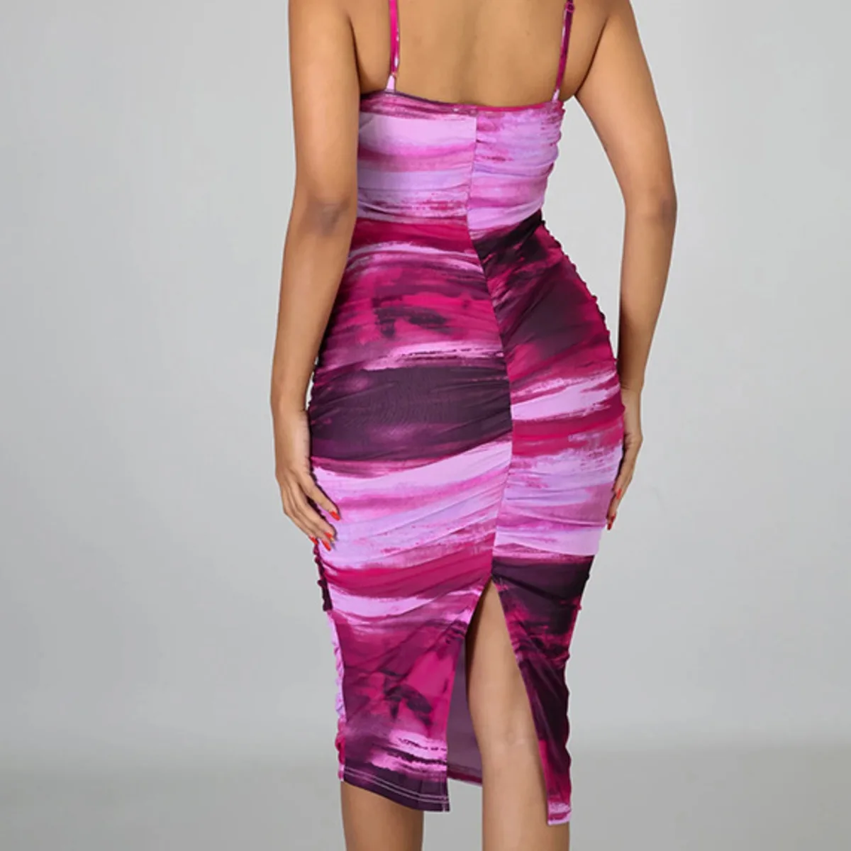 

BacklakeGirls Women Tie Dye Print Spaghetti Strap Backless Pleated Ruched Bodycon Maxi Dress Sexy Club Stretch Slim Party Dress