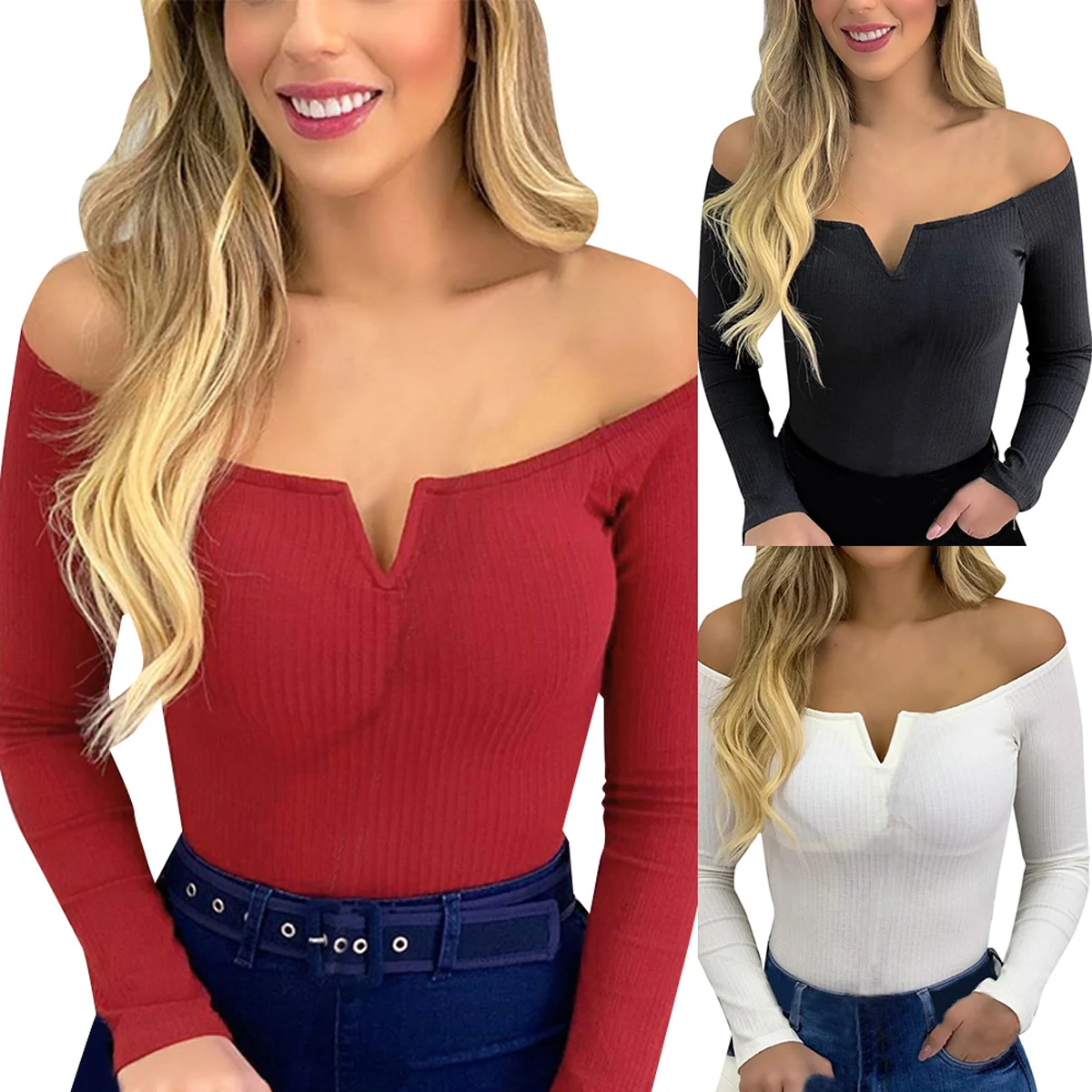 

Women Sexy Off Shoulder Sleeve T-shirts Tops, Female Solid Color Wrap Slim Shirts Blouses Summer
