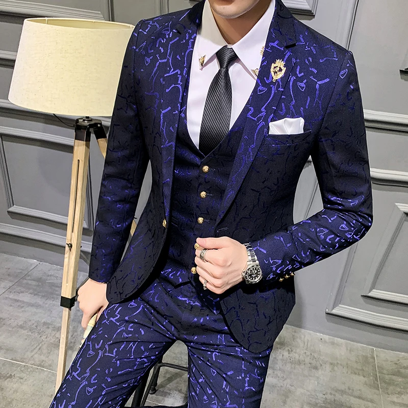 

Luxury Men Suit Sets Latest Coat Pant Vest Design Dress Suits Floral Slim Men's Groom Tuxedo Suit Royal Blue Burgundy Men Suits