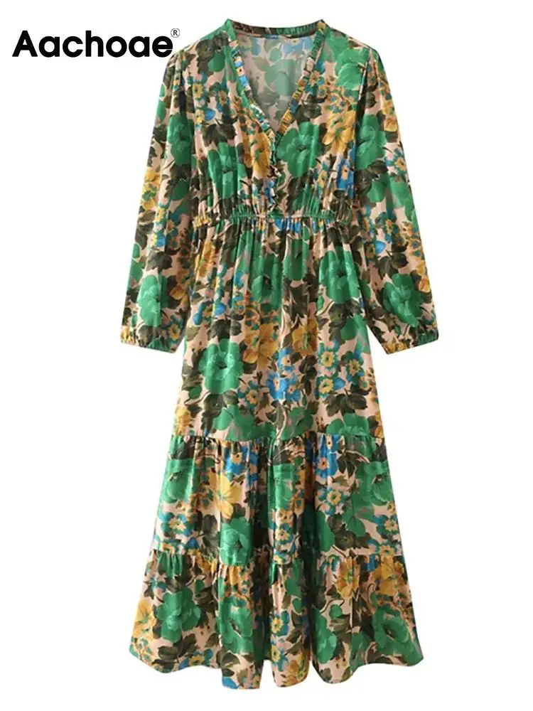 

Aachoae Women Vintage Floral Printed Midi Dresses Chic V Neck Lantern Long Sleeve A Line Dresses Female Fashion Casual Dress