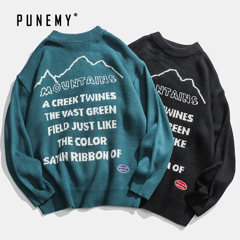 Мужские свитера в стиле хип хоп пуловер ретро рисунок гор круглый вырез акрил