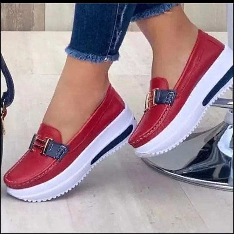 Comfortable Platform Loafers for Women Casual Flat PU Walking Shoes Vintage Style FK88