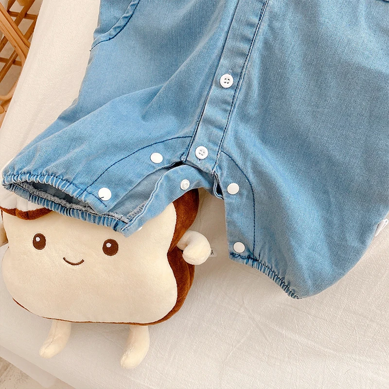 

MILANCEL 2021 Summer New Baby Clothes Rompers Short Sleeve Turn Down Collar Cartoon Print Denim Nreborn Clothes