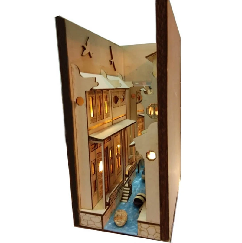 

DIY Alley Book Nook Wooden Jiangnan Water Town Wuzhen embly Model Bookshelf Street with Light Model Building Kit