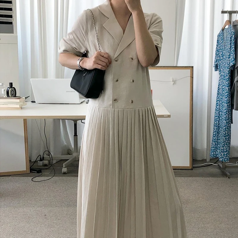 

Korejpaa Women Dress 2021 Summer Korean Chic Ladies Retro Gentle Suit Collar Double-Breasted Stitching Loose Pleated Vestidos