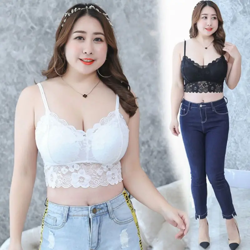 

Womens Plus Size Sexy Deep V-Neck Crop Top Seamless Scalloped Sheer Floral Lace Bralette Padded Wireless Underwear Vest XL-3XL