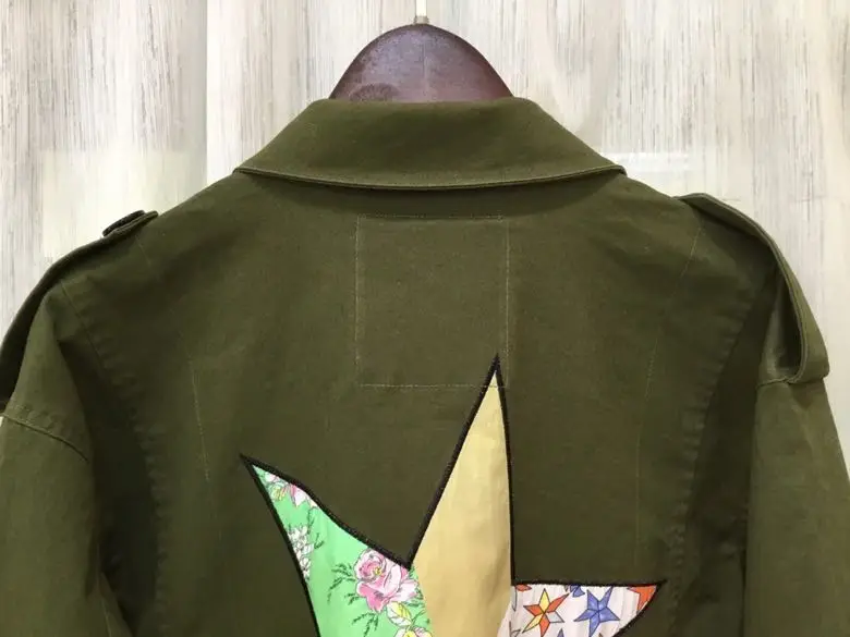 

Women Back Colorful Stars Jacket Single Breasted Turn-down Collar Autumn Double Large Pockets Mid-length Coats