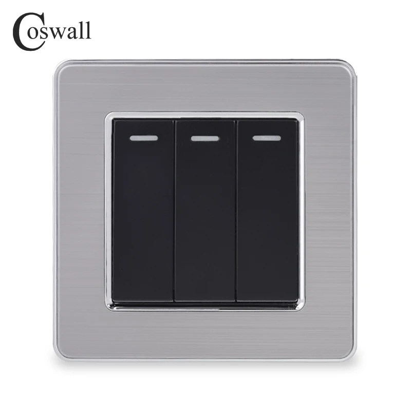 Coswall, роскошная панель из нержавеющей стали, 3 комплекта, 2 способа включения/выключения, светильник, 16А, проходной через стену, выключатель переменного тока, 110~ 250 В - Цвет: Black