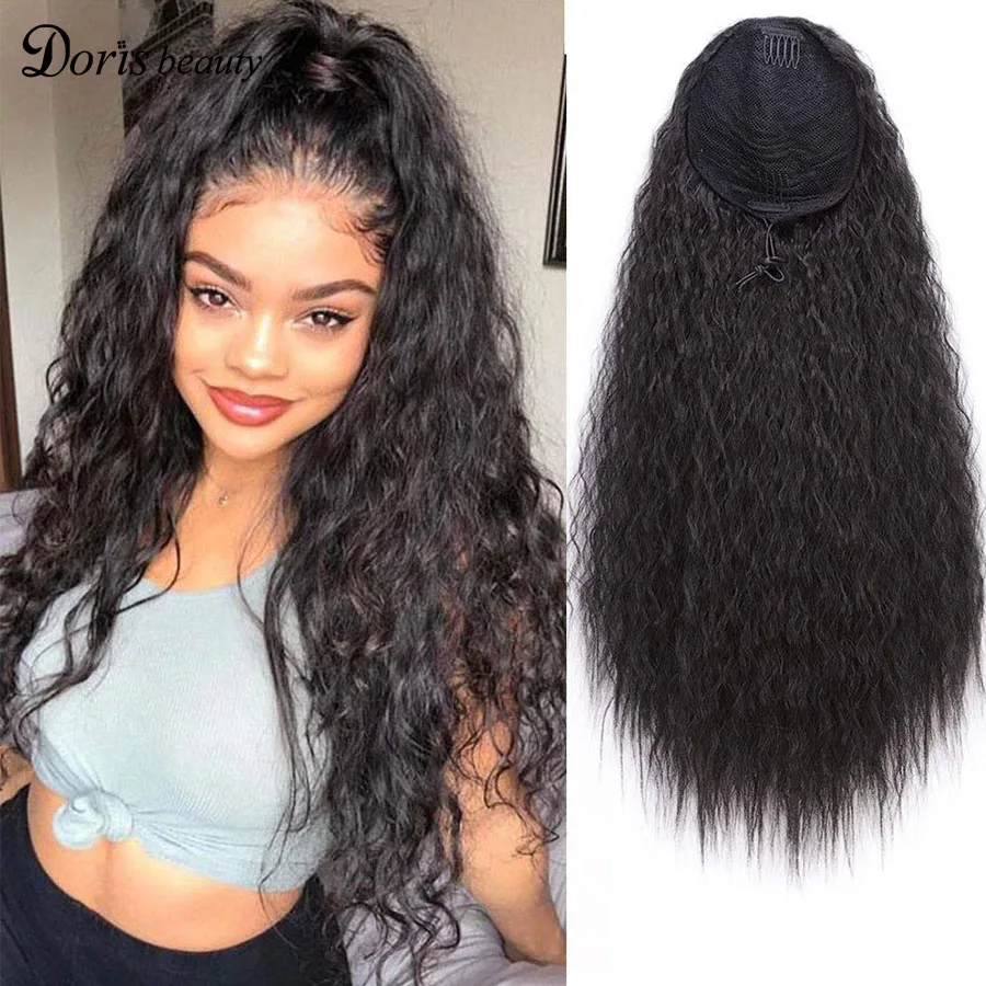 

Doris Beauty длинные афро кудрявые вьющиеся волосы для наращивания хвоста 22 дюйма синтетические кукурузные волосы на шнурке для женщин черные ко...