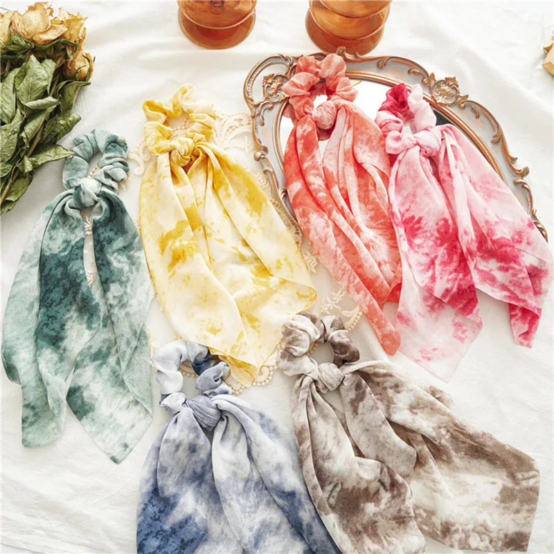 

Women Ponytail Scarf Fashion Sweet Hair Accessories Long Hair Ribbon Elastic Bands Big Bow Hair Rope Tie-dyed Scrunchies