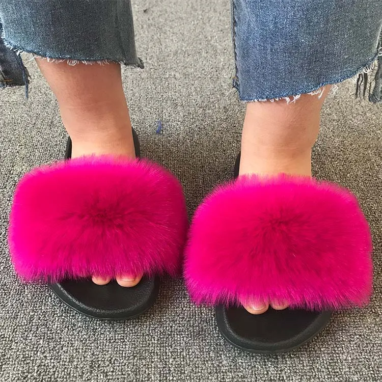 

New Fluffy Faux Fur Slides Women Fur Slippers Fake Raccoon Fur Sandals Female Amazing Furry Flip Flops Casual Beach Slippers
