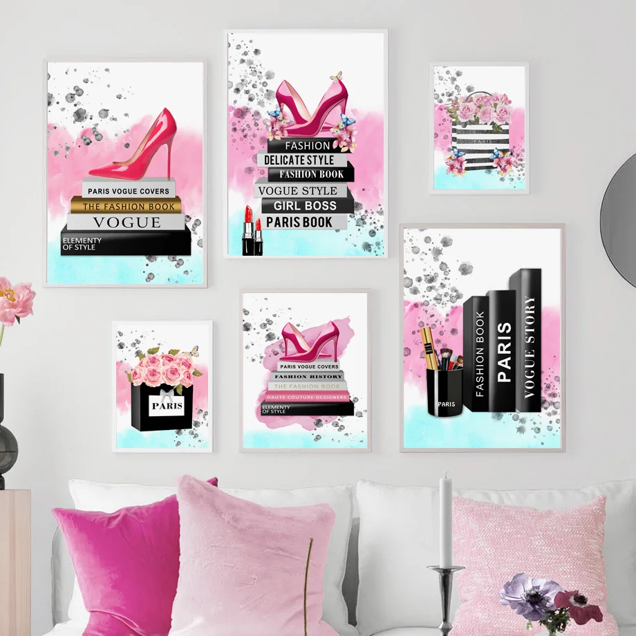 Модная книга на высоком каблуке с бабочкой и цветком настенная живопись холсте