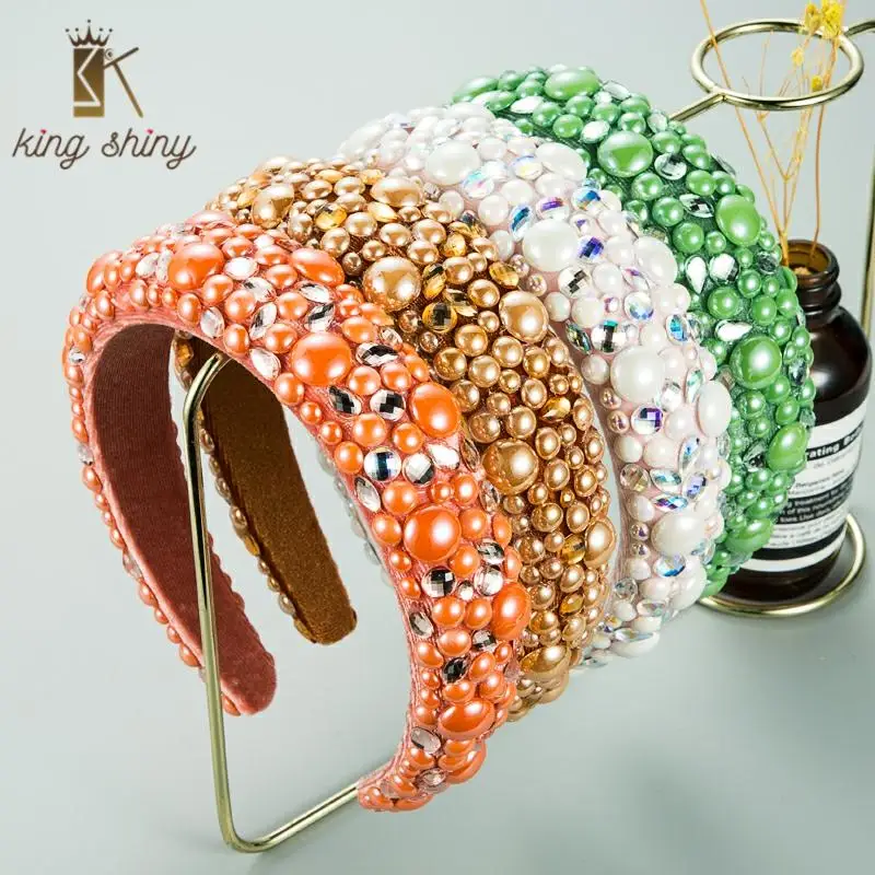 

2021 Spring New Design Full Resin Beaded Headband for Woman Elegant Sparkly Rhinestone Sponge Hairband Girl Party Hair Accessory