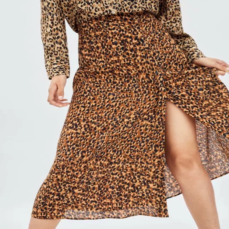 Осенние леопардовые юбки с принтом женские za повседневные длинные сплит высокой