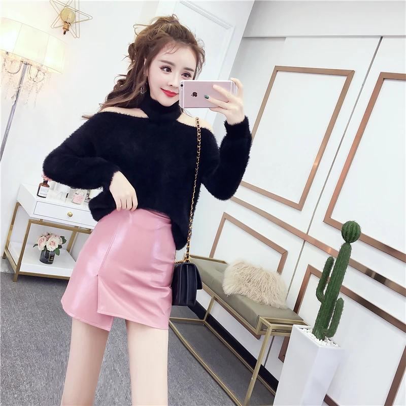 

Женский костюм из Свитера и асимметричной юбки, белый и черный костюм из короткой юбки из искусственной кожи, комплект одежды из 2 предметов,...