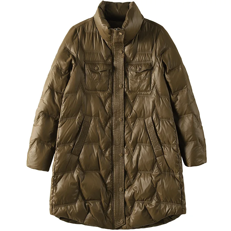 

Куртка средней длины на белом утином пуху, новинка зимы 2021, модная однотонная универсальная куртка в западном стиле с воротником-стойкой