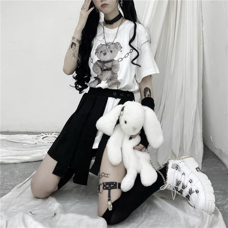 

Gothic Tshirt Women Vintage Bear Print Graphic Tshirts Korean Style Fashion Short Sleeve Punk Streetwear T Shirt Goth Mall