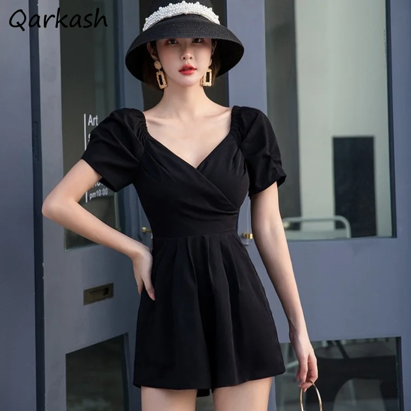 

Rompers Women Wide Leg College 2021 Streetwear All-match Elegant Casual Students New High Waist Summer Solid Ulzzang Black Sexy