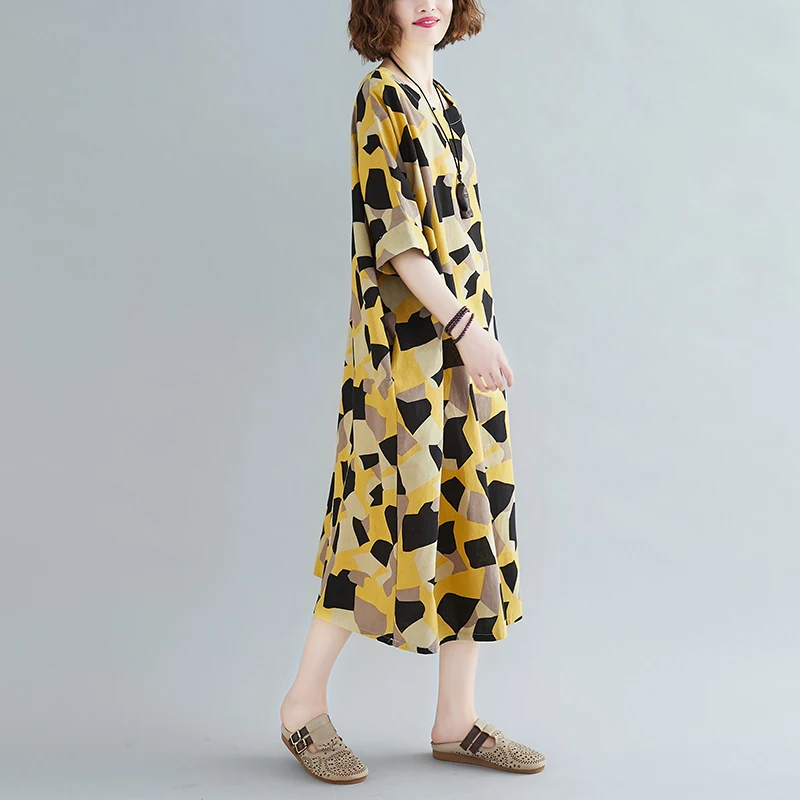 Клетчатое хлопковое желтое платье большого размера плюс 2020 летние женские