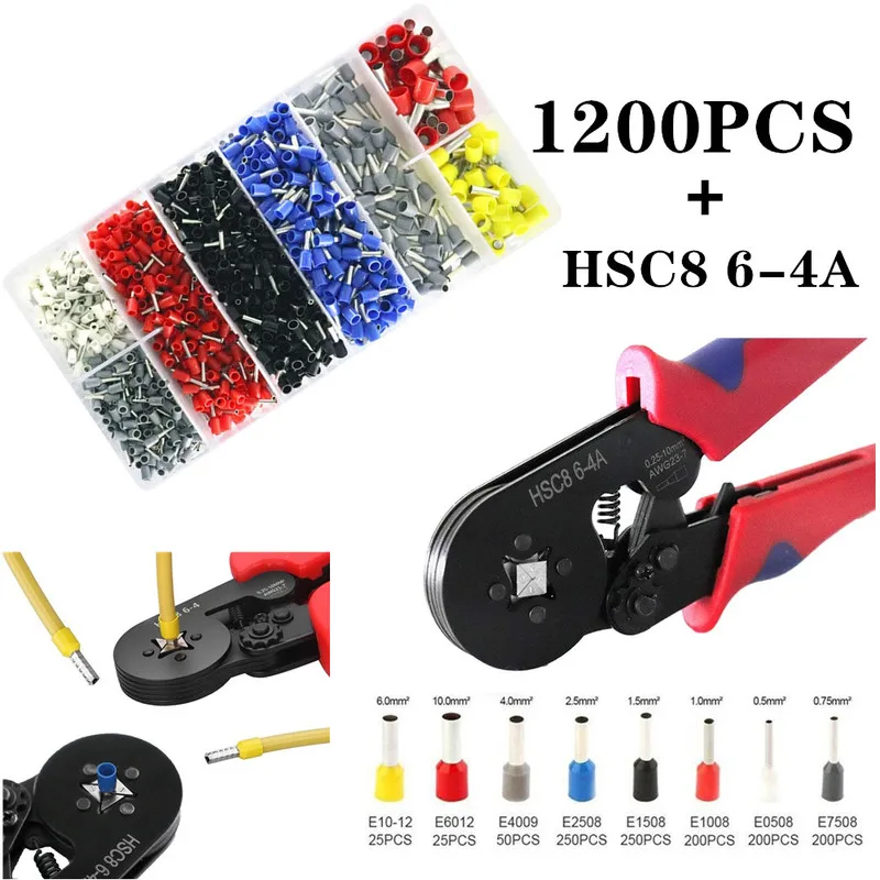 

Ferrule Crimping Tool Kit, Hexagonal sawtooth Self-adjustable Ratchet Wire Terminals Crimper Kit with 1200pcs Wire Terminals