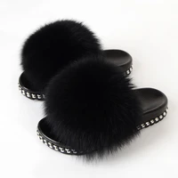 fur slides for women furry slippers house summer fox fur sandals ladies luxury fashion female home shoes with fur new arrival