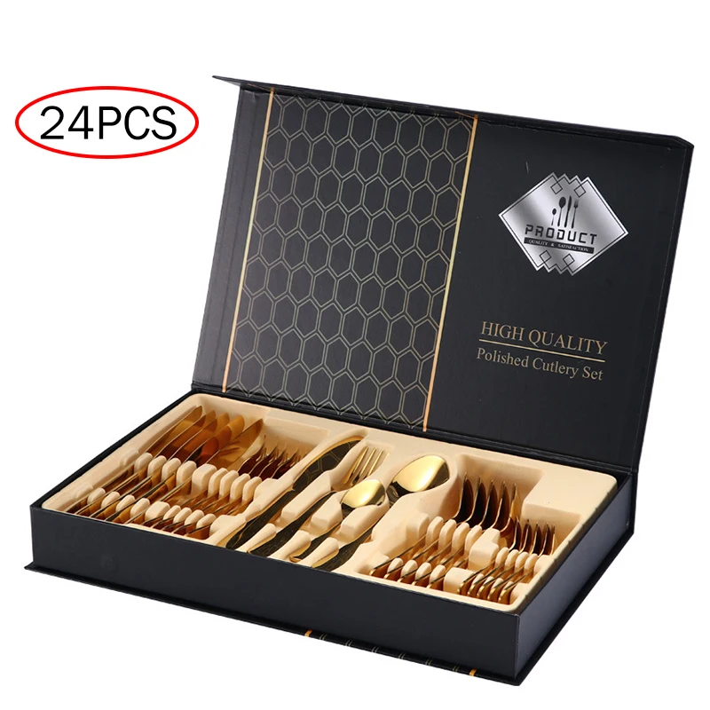 

24PCS Rose Gold Silver Tableware Cutlery Dinner Set Knives Forks Spoons Teaspoon Western Dinnerware Household Kitchen Supplies
