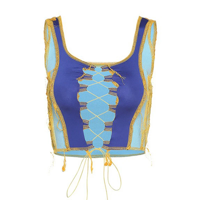 

Hollow Out Bandage Crop Tops Women Fashion Club Party Wear Tank Tops Punk Style Patchwork Street Vest Summer