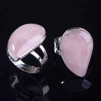 trendy beads popular silver plated natural rose pink quartz stone water drop resizable ring fashion jewelry