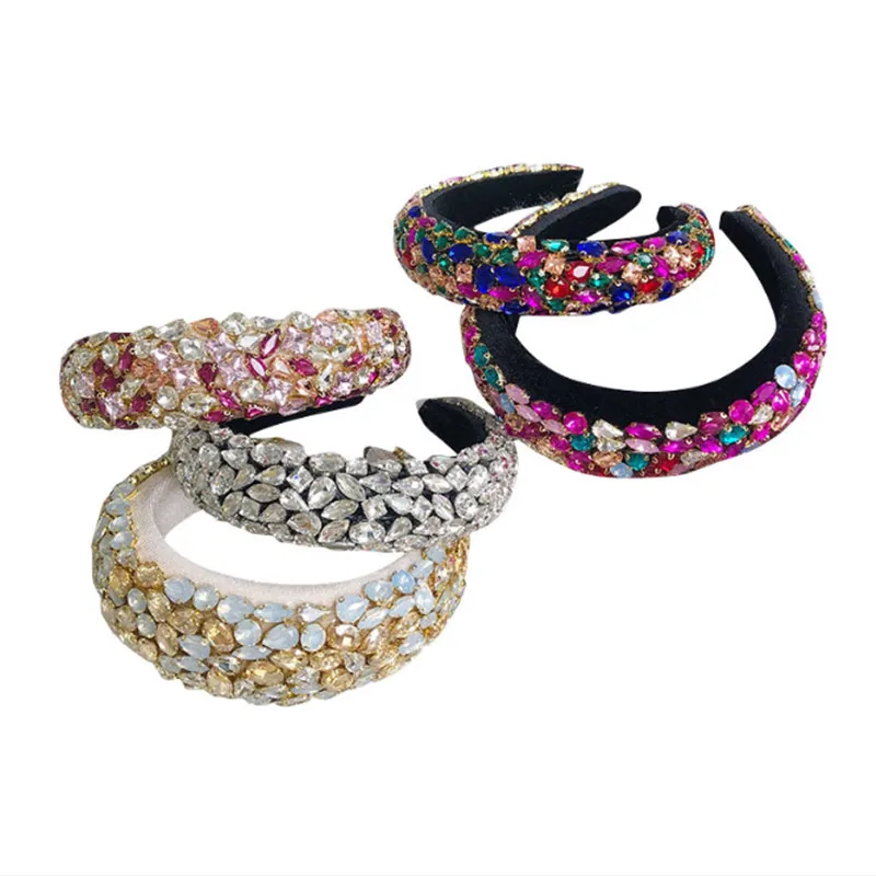 

Luxury colored diamond sponge headband high-end hair accessories women full diamond crystal wide-brimmed hairband wild hair band