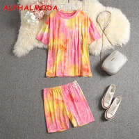 alphalmoda 2020 summer women trendy tie dye tshirt shorts 2pcs set colorful girls fashion lounge wear 2pcs suit