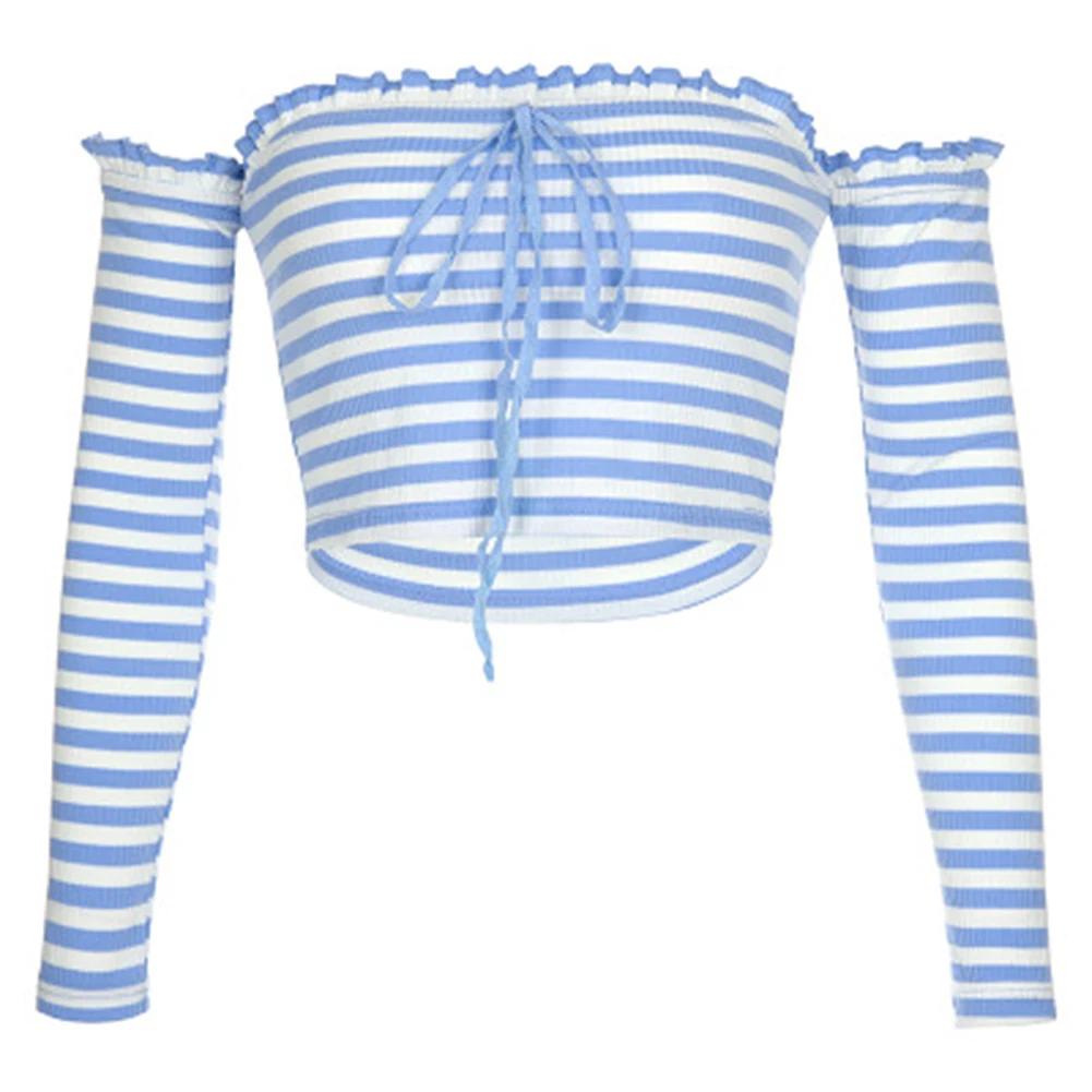 Woman Sexy Stripe Cropped T-Shirt Off Shoulder Long Sleeve Ribbed Crop Tops with Bowknot Fashion Blue and White Striped T-shirt | Женская