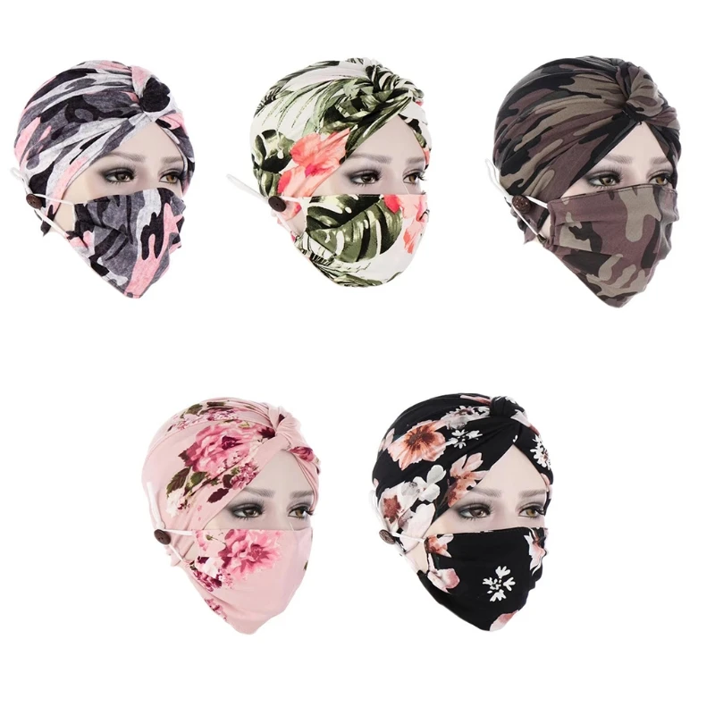 

Floral Turban Hat with Button +Mask Set Camo Head Cover for Adult Women Female