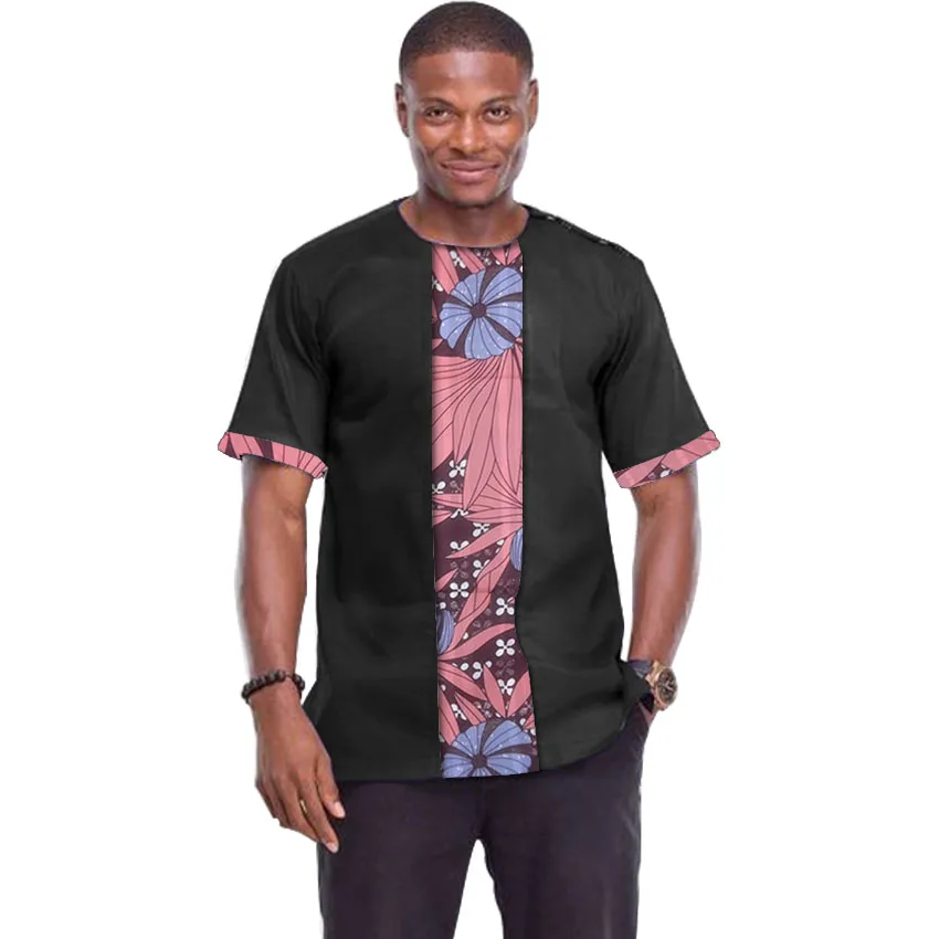 Летние Африканские модные мужские топы с коротким рукавом черные Лоскутные