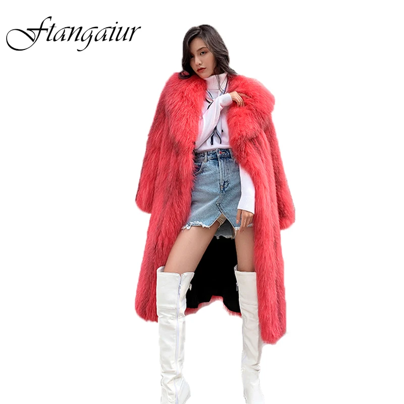 

Ftangaiur New Winter Import Fox Fur Coat Women Turn-Down Collar Soild Weave Loss Fox Coats X-Long Natural Real Fox Fur Coats