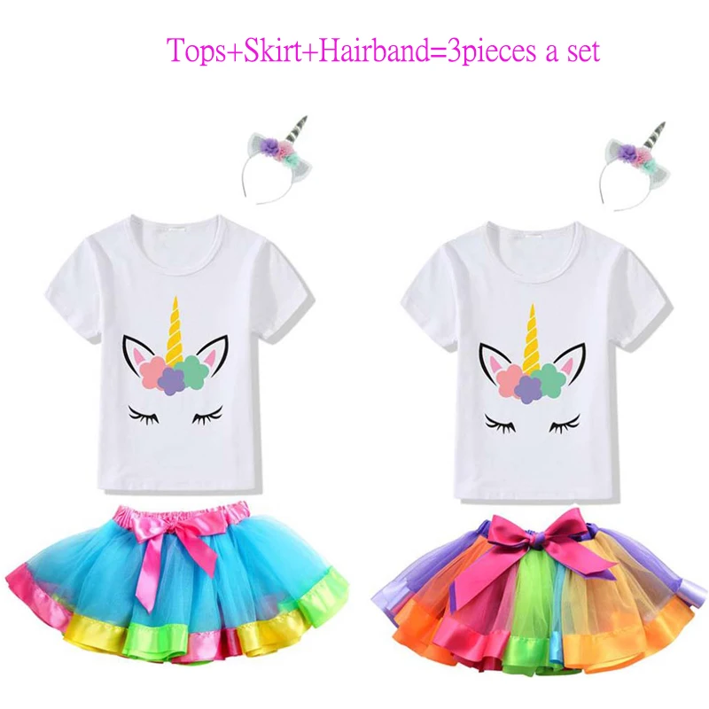 Модные футболки с единорогом для маленьких девочек + Радужная юбка повязка волос