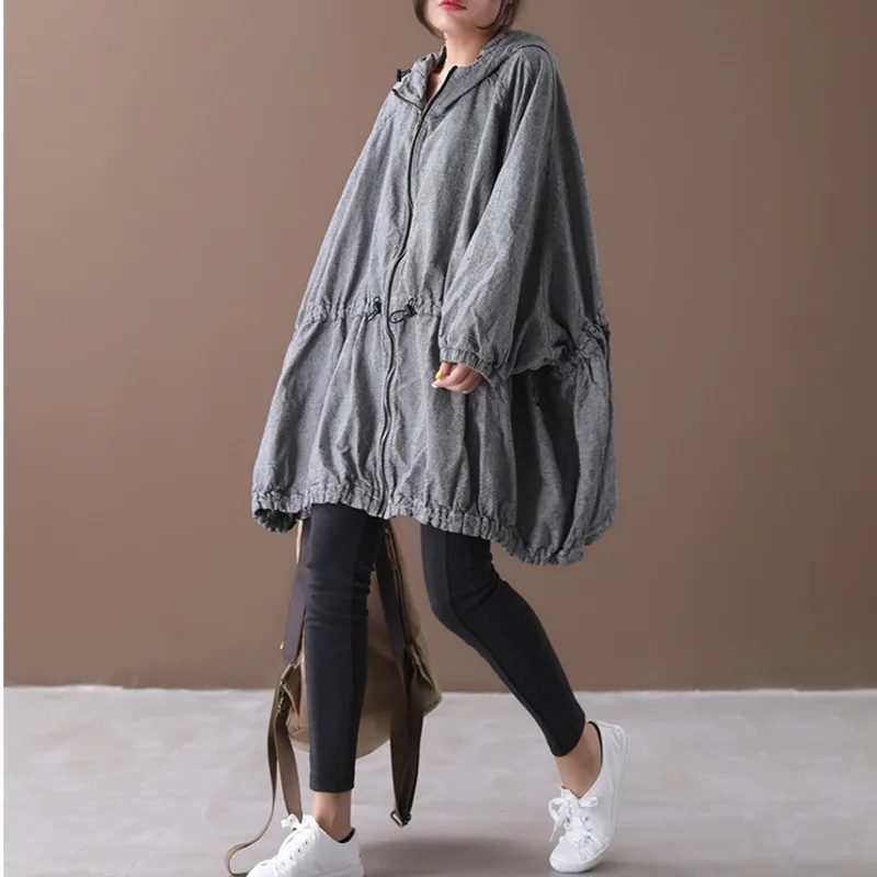 [EWQ] Autumn New Pattern Office Lady Style A-line Loose Full Sleeve Solid Color Zipper Hooded Collar Windbreak Coat AF890