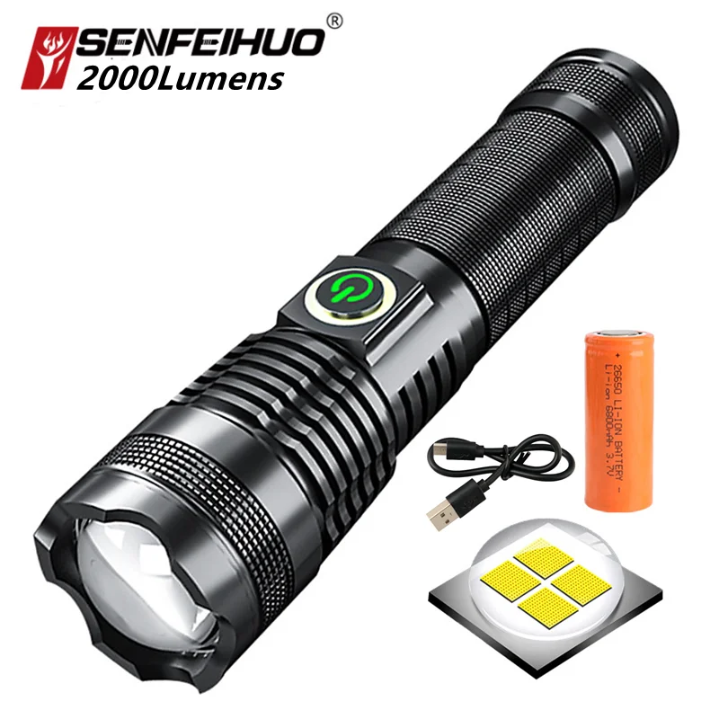 Тактический фонарик 20 Вт 2000 лм USB зарядка встроенный аккумулятор дисплей