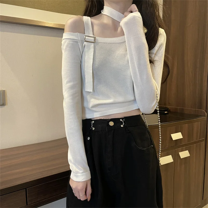 Футболка женская с длинным рукавом ассиметричный укороченный Простой Топ в