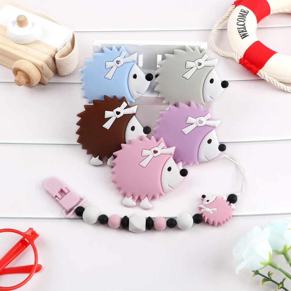 Kovict-mordedores de silicona con forma de erizo de dibujos animados, colgantes de silicona sin BPA, accesorios de cadena para chupete, juguetes molares para beb&eacute;, 1 pieza-0