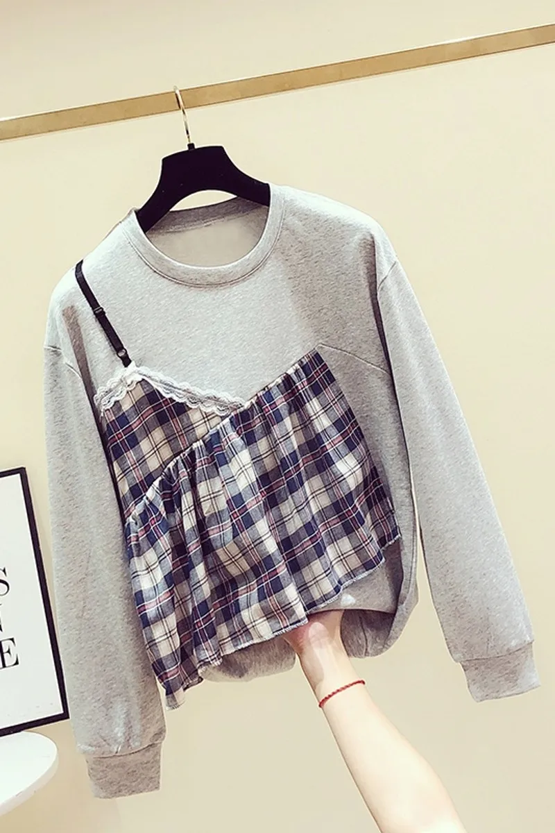 

Faux Two Piece Female Hoodies 2020 New Autumn Plaid Patchwork O Neck Pullovers Top Long Sleeve Casual Students Sweatshirts