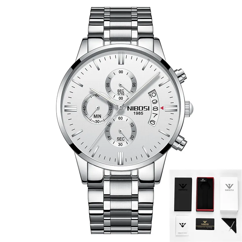 7 with box NIBOSI часы Relogio Masculino люксовый бренд Мужские Хронограф деловые Часы мужские стальные кожаные водонепроницаемые кварцевые наручные часы - Цвет: 7 with box