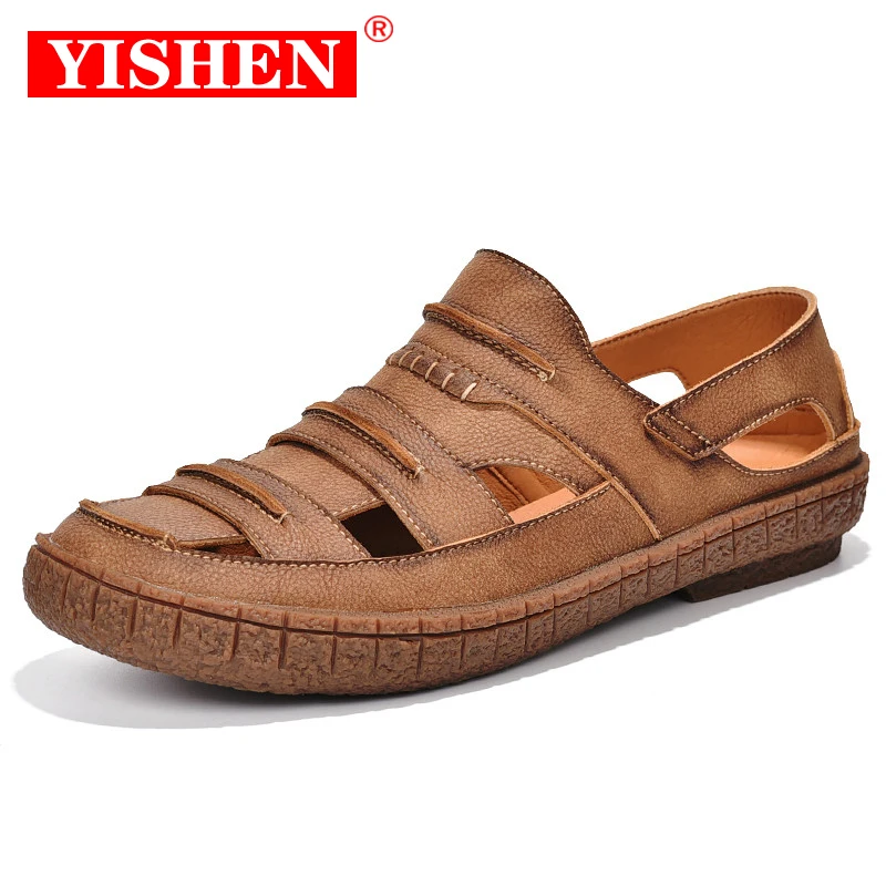 

YISHEN Men Sandals Summer Outdoor Beach Shoes Leather Sandals Casual Fashion Driving Beach Dad Outdoor Soft Soled Plus Size