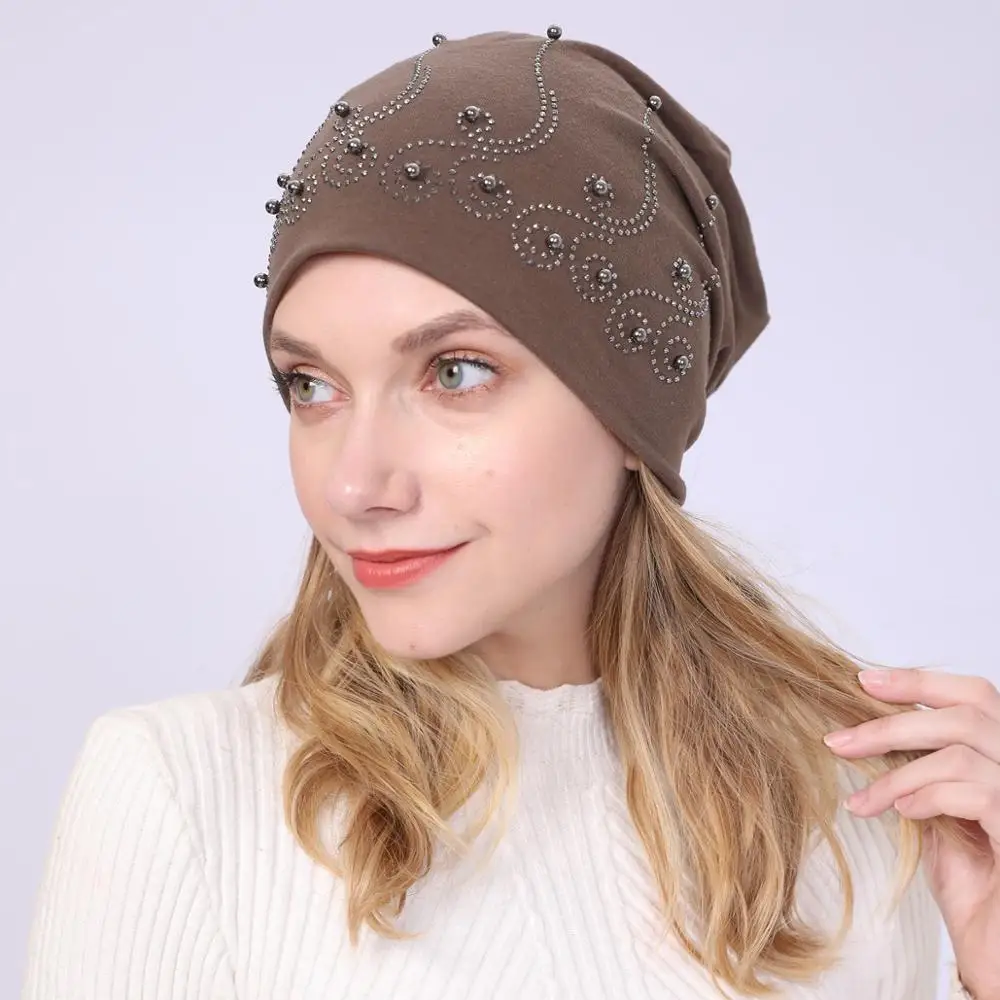 Эластичная мягкая хлопковая шапка тюрбан украшенная бусинами женские шапочки и