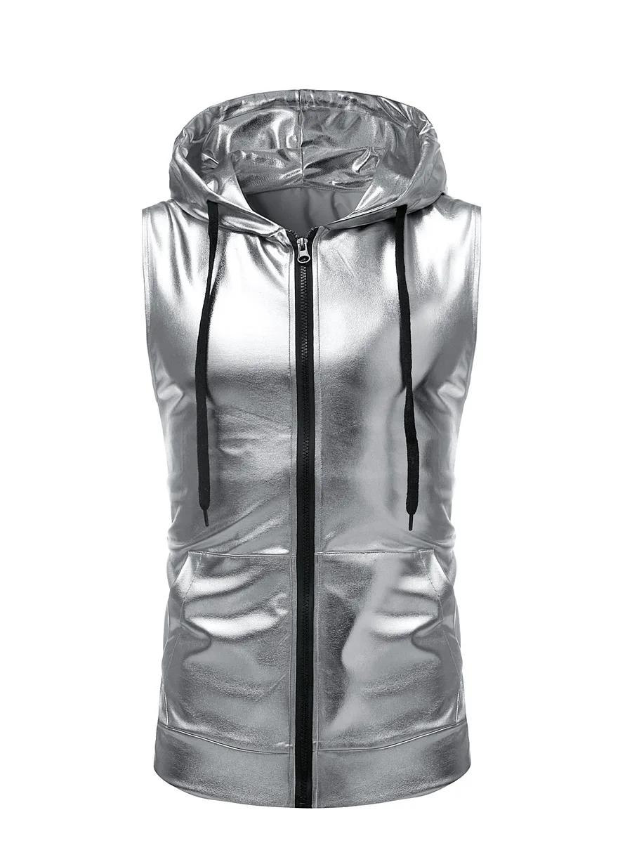 

Men's Fashion Dance Bright Color Hooded Drawstring Zipper Vest Men's Sleeveless Nightclub Tops ZT-B02