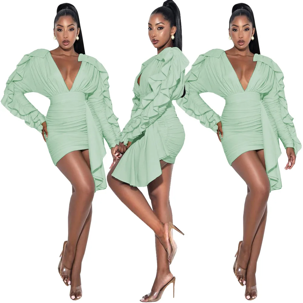 

Nightclub 2021 Casual Dresses Deep V-Neck Long Puff Sleeves Slimming Waist Irregular Sexy Lady Bodycon Irregular Mini Dresses