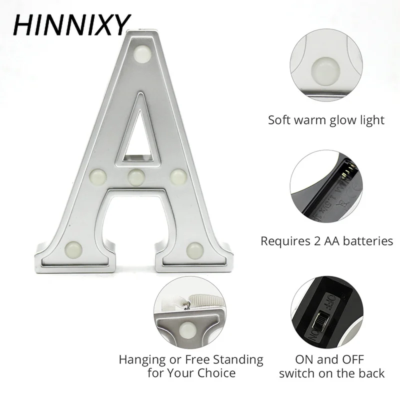 Hinnixy 26 букв LED Серебристое украшение ночник алфавит на батарейках День Рождения