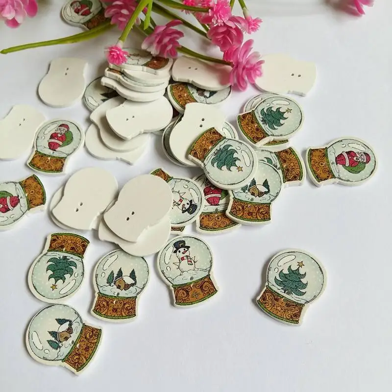

50PCs Mixed Wooden Buttons Christmas Painting 2 Hole Fit Sewing DIY Scrapbooking for Craft