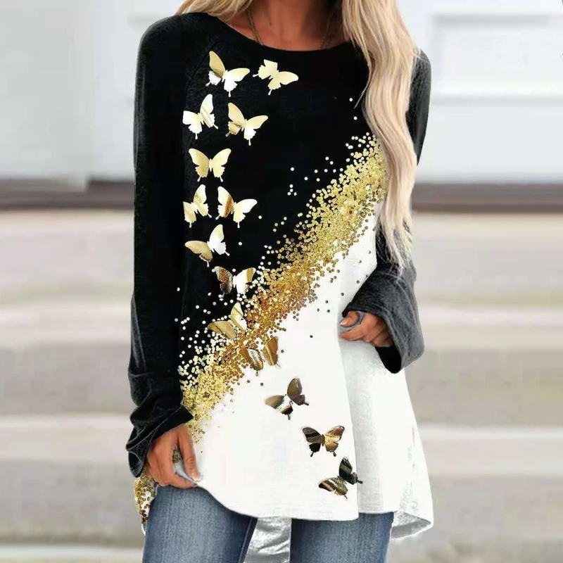 

2021 Autumn and Winter Tshirt New Fashion Long-Sleeve Casual Round Neck Gold Butterfly Printing Long-Sleeve T-Shirt