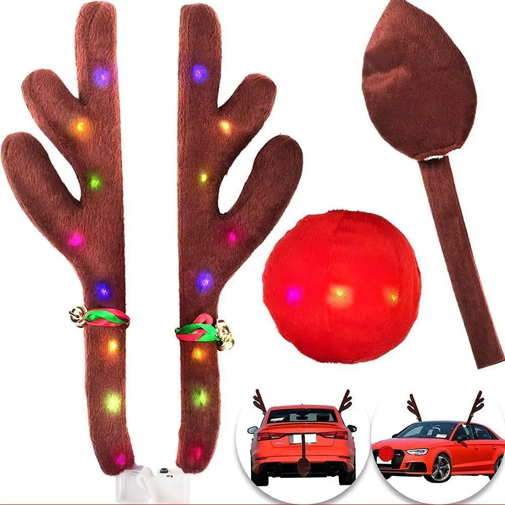 

Christmas Elk Antlers Car Auto Decoration Reindeer Antlers Red Nose Kit Gift Cute Vehicle Nose Horn Costume Set Xmas Supplies