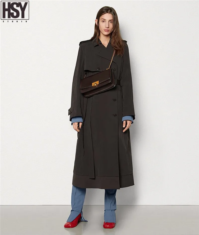 【HSY】 Осень Зима Новая женская ветровка верхняя одежда с эффектом памяти атласная ткань пояс Талия Тонкий нагрудный двубортный длинный плащ